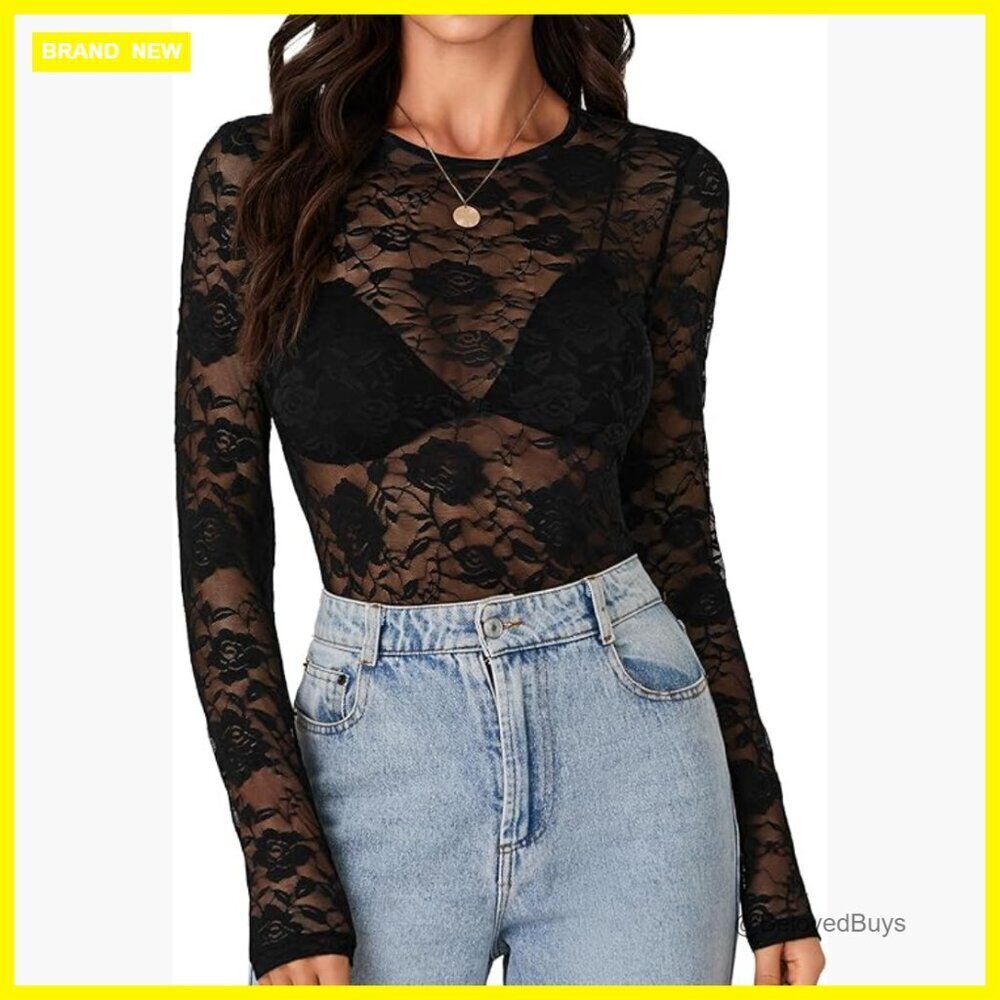 Mesh Floral Lace Long Sleeve Sheer Blouse Slim Fit Top